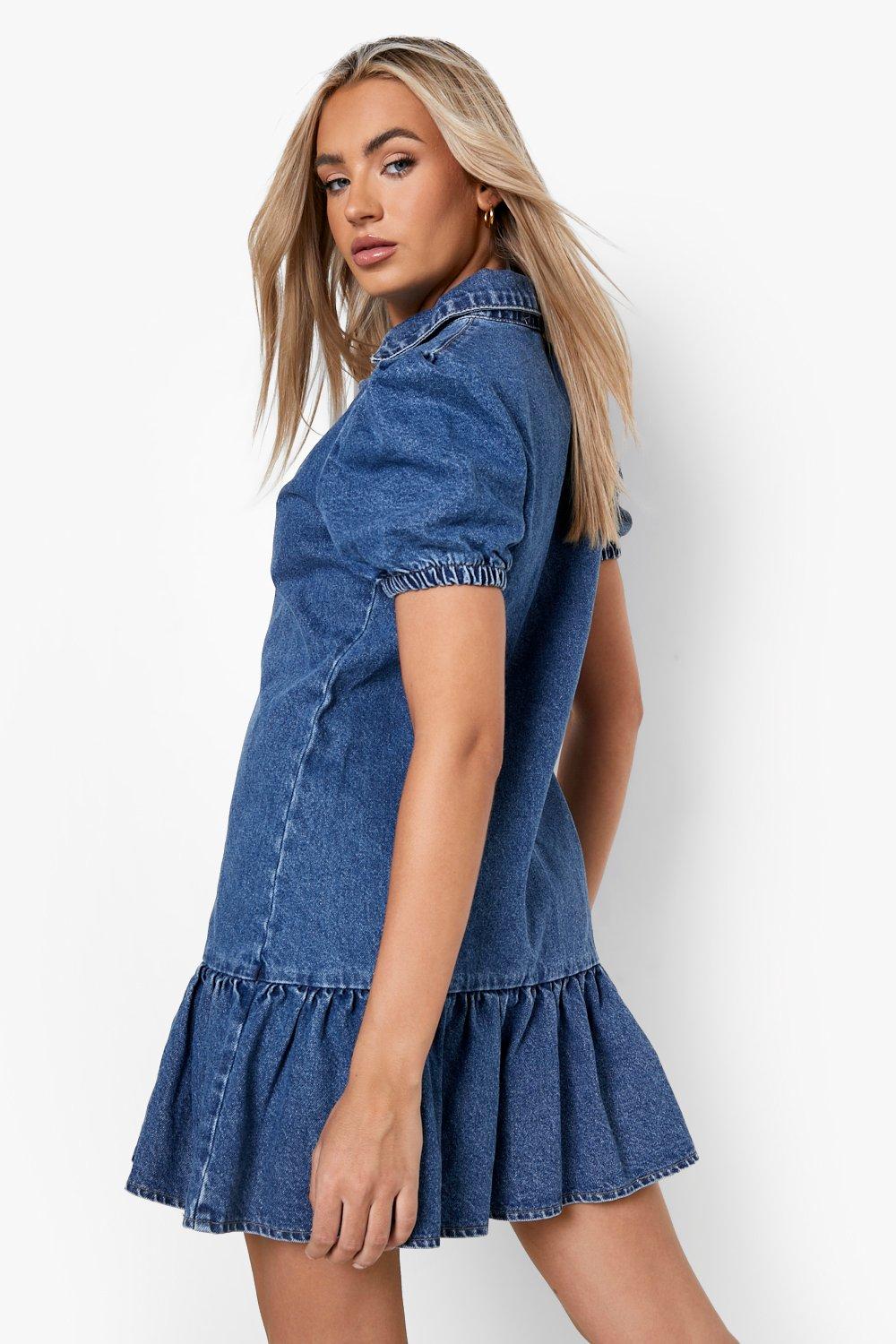 herlipto Eze Puff-Sleeve Denim Dress
